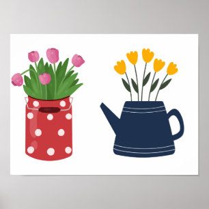 Póster Tulipanes amarillos y rosados en dos jarrones