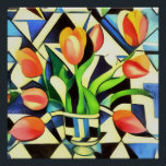 Póster Tulipanes de estilo Art Deco artístico<br><div class="desc">Los tulipanes de estilo art déco artístico son un cuadro de estilo geométrico de flores de primavera rojas sobre un fondo azul. Un diseño espectacular y extravagante para cumpleaños, aniversarios y día nacional del tulipán: para jardineros, floristas y amantes de los tulipanes. Los tulipanes son ideales para el 11º aniversario...</div>