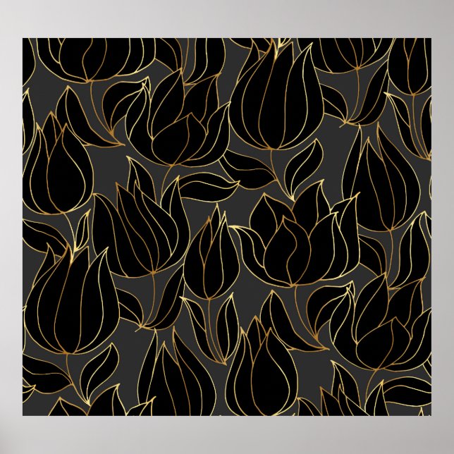 Póster Tulipanes de oro negro: patrón floral de lujo (Frente)