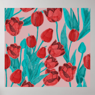 Póster Tulipanes de primavera, patrón floral dibujado a m