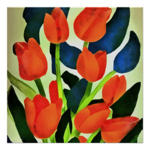 Póster Tulipanes En Colores Fuertes Arte Floral Rojo