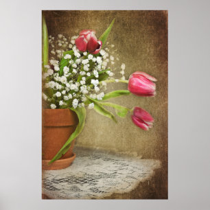 Póster tulipanes en olla de arcilla