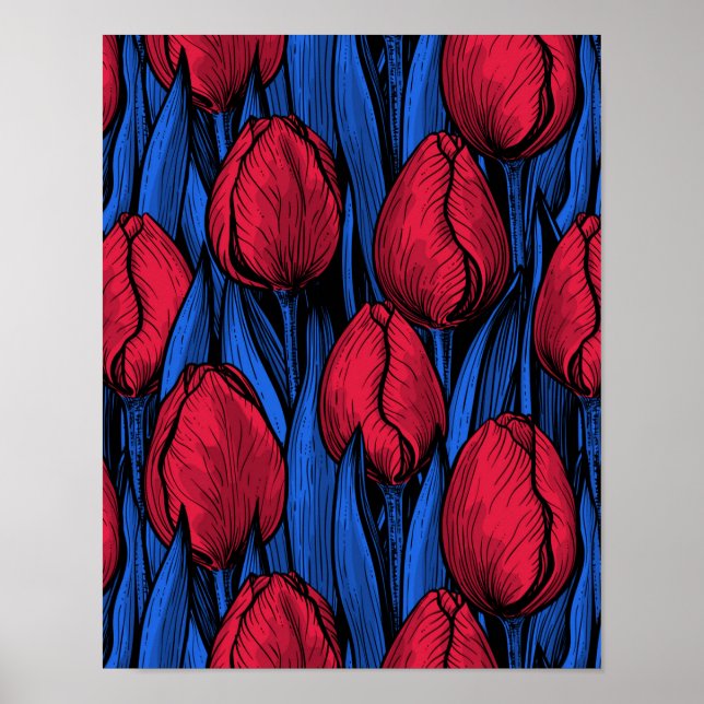 Póster Tulipanes en rojo y azul (Frente)