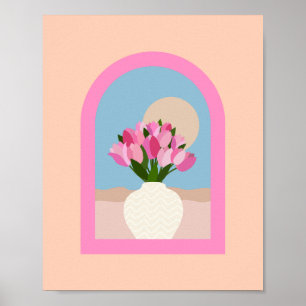 Póster Tulipanes En Un Naranja Vase Floral Rosa Y Azul