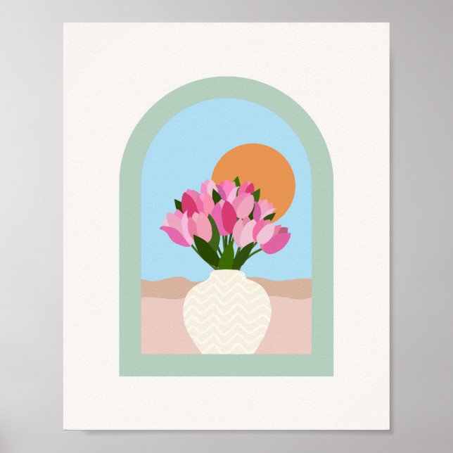 Póster Tulipanes En Una Flor Verde Azul Rosa Vase (Frente)