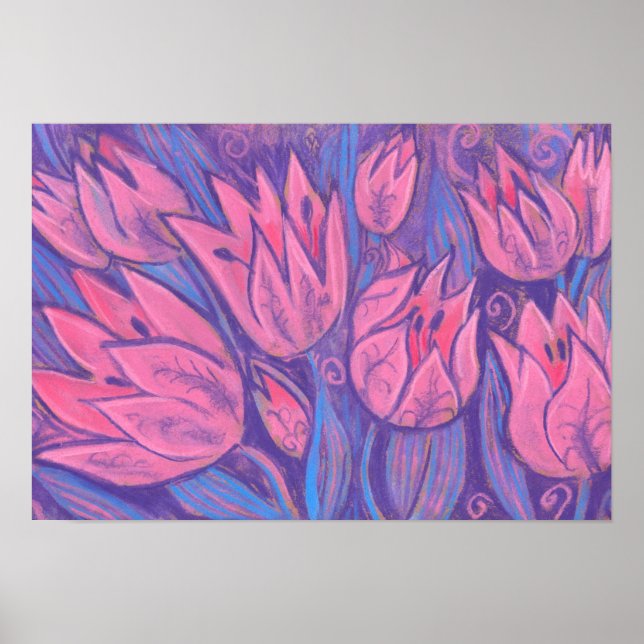 Póster Tulipanes Funky Primavera Flores Pintado Pastel Fl (Frente)