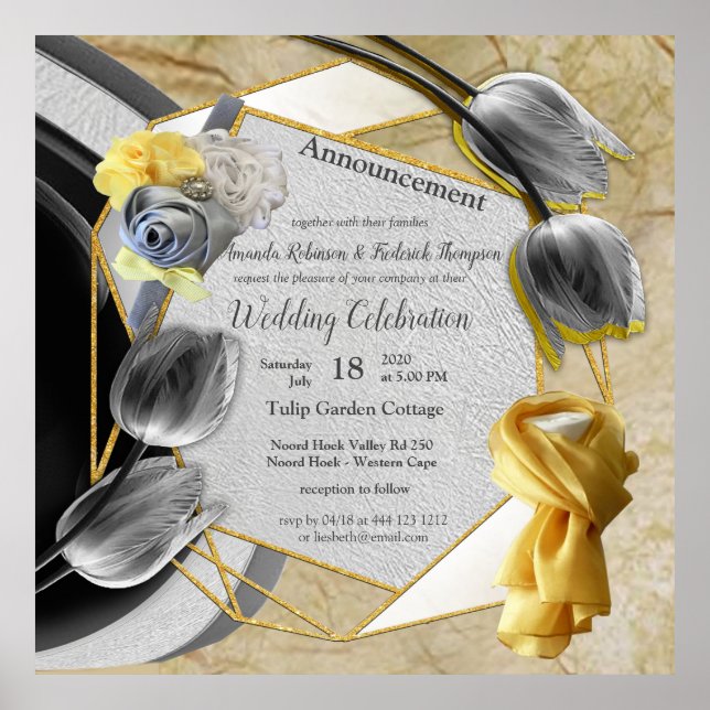 Póster Tulipanes grises y amarillos sobre la textura (Frente)