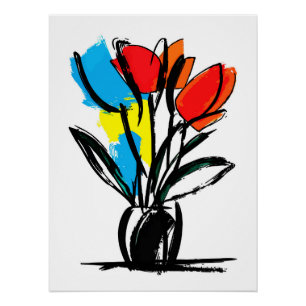 Póster Tulipanes Naranja Rojo Vibrante Línea Negra Audaz