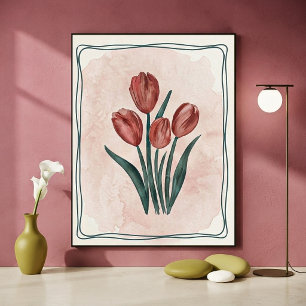 Póster Tulipanes rojos botánicos vintage y toque de acuar