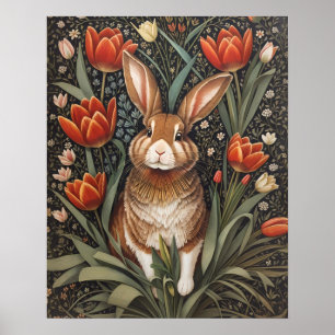 Póster Tulipanes rojos de conejo marrón William Morris in