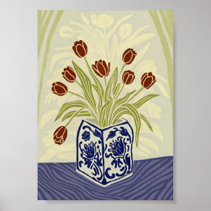 Póster Tulipanes rojos en jarrón de chinoiserie cuadrado