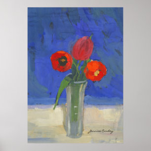 Póster Tulipanes rojos en poster azul