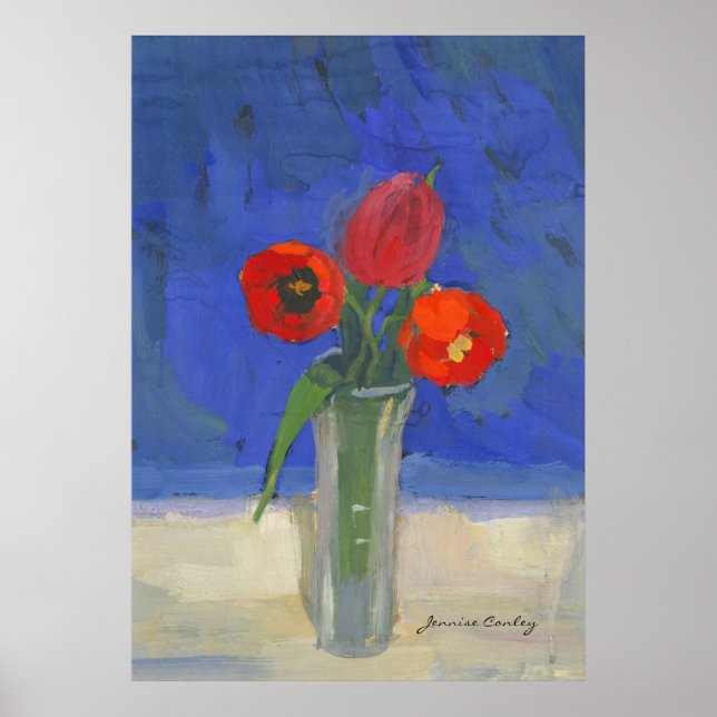 Póster Tulipanes rojos en Poster azul (Frente)