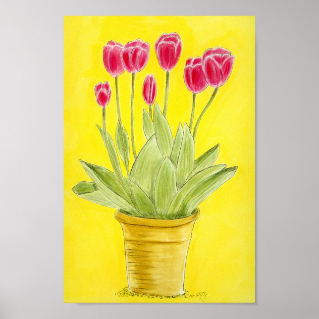 Póster Tulipanes rojos en una maceta (Frente)