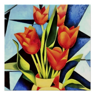 Póster Tulipanes Rojos En Una Vasa Roja Y Amarilla