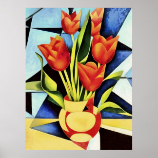 Póster Tulipanes Rojos En Una Vasa Roja Y Amarilla