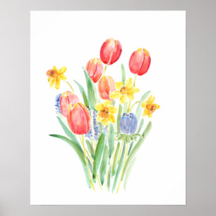 Póster tulipanes rojos y daffodias amarillos acuarela