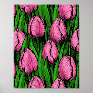 Póster Tulipanes rosados con hojas verdes