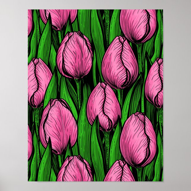 Póster Tulipanes rosados con hojas verdes (Frente)
