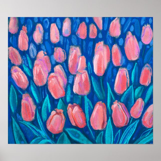 Póster Tulips Field, Spring Flowers Floral Art Red Blue (Frente)