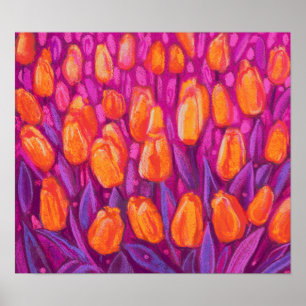 Póster Tulips Field, Spring Flowers Naranja Floral Purple