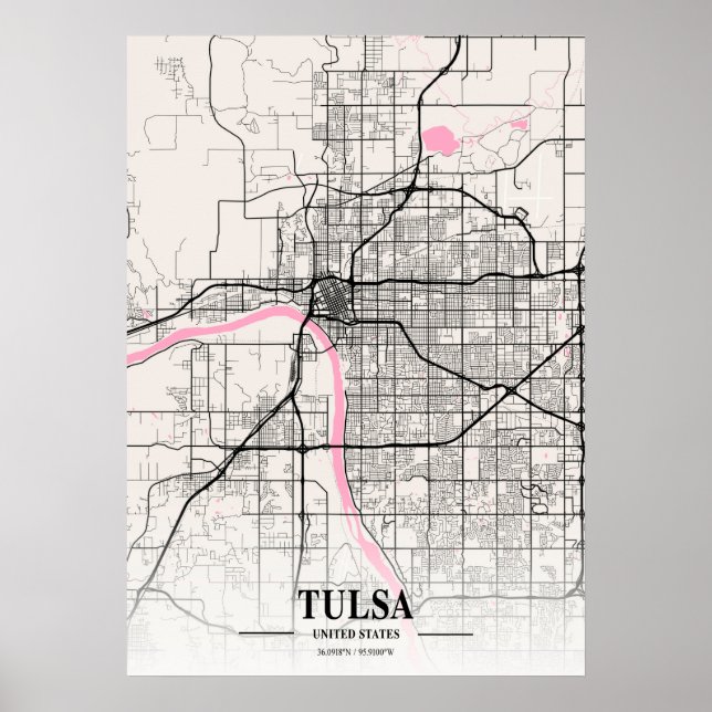 Póster Tulsa - Mapa de la ciudad napolitana de Estados Un (Frente)
