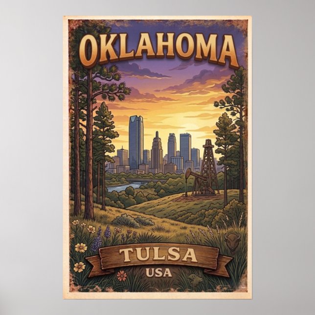 Póster Tulsa Skyline Sunset Illustration (Frente)
