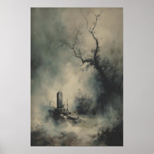Póster Tumba Gótica Bajo Árboles Nebulosos Halloween Oscu