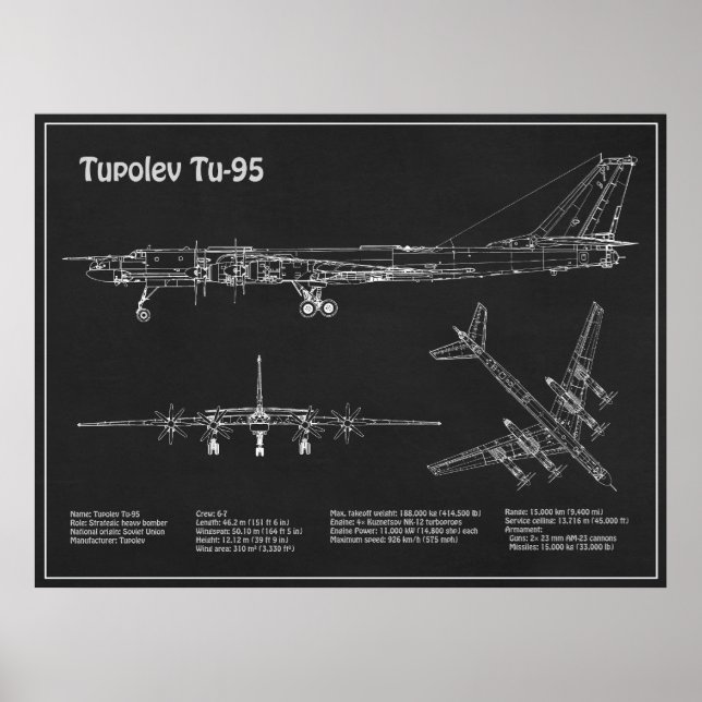 Póster Tupolev Tu-95 - Planes Blueprint del avión PD (Frente)