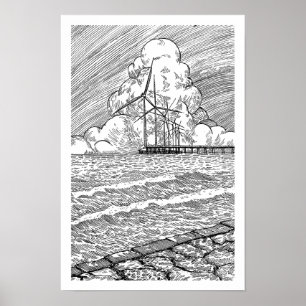 Póster Turbinas Eólicas Dibujo con Tinta Océano