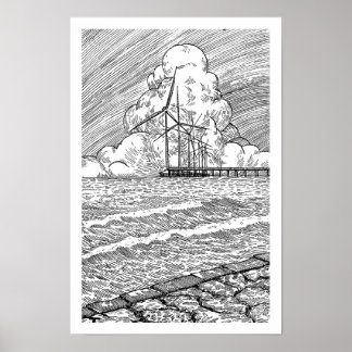 Póster Turbinas Eólicas Dibujo con Tinta Océano