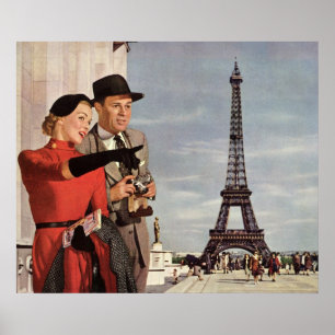 Póster Turistas Antiguos Viajando en París Torre Eiffel