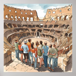 Póster Turistas en la imprenta del Coliseo de Roma