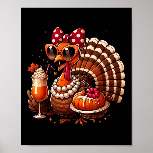 Póster Turkey Drinking Coffee Bow Thanksgiving Womens Tur (Frente)