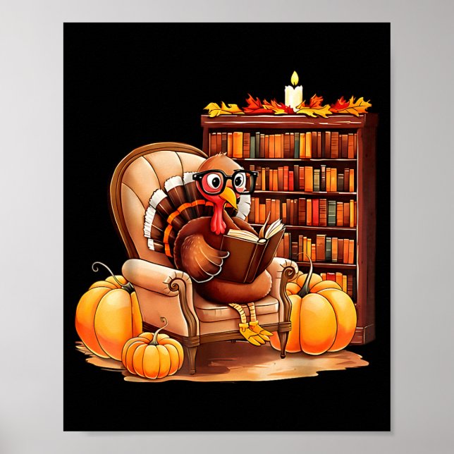 Póster Turkey Reading Books Fall Thanksgiving Teacher Boo (Frente)