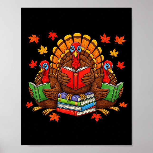 Póster Turkey Reading Books Teacher Fall Thanksgiving Boo (Frente)