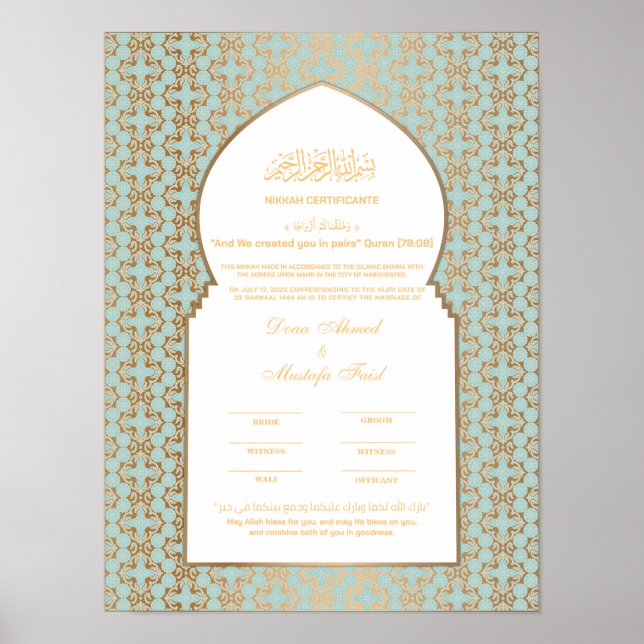 Póster Turkuaz con certificado de nikkah de oro (Frente)