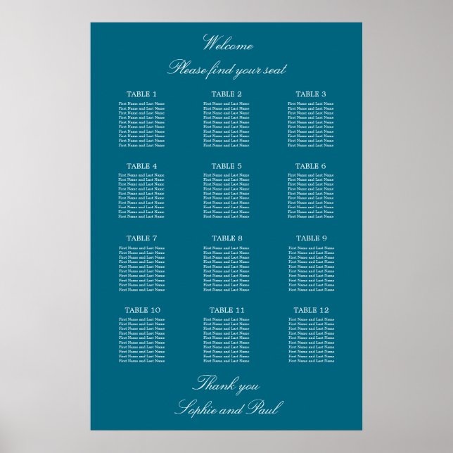 Póster Turquesa 12 Boda de mesa Poster de la tabla de asi (Frente)