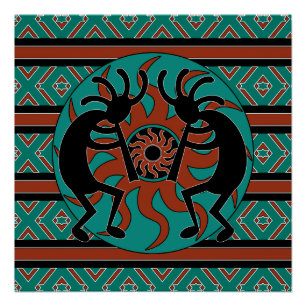 Póster Turquesa Sun tribal Kokopelli del sudoeste