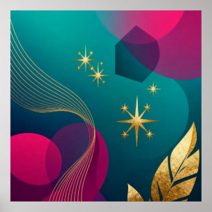Póster Turquesa y fucsia Moderno abstracto con estrellas