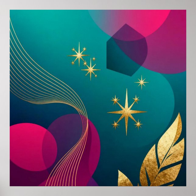 Póster Turquesa y fucsia Moderno abstracto con estrellas  (Frente)