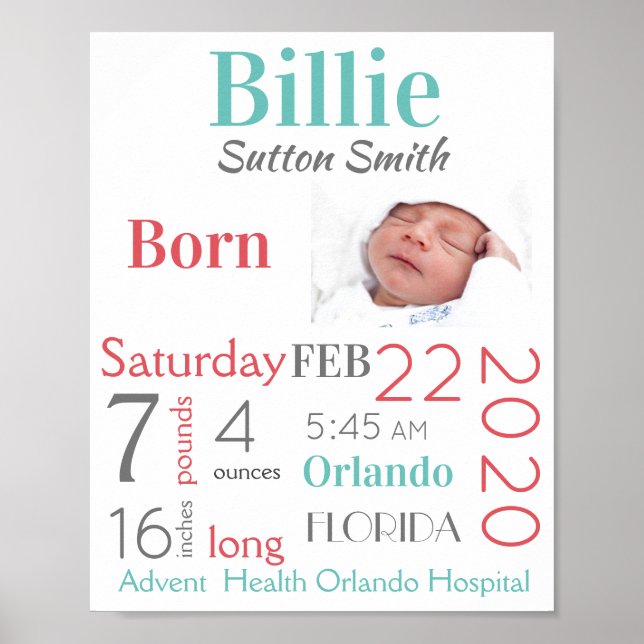 Póster Turquesa y Peach Baby Stats Género Neutral (Frente)