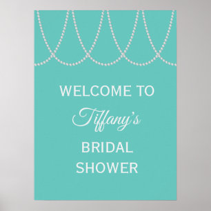 Póster Turquesa y Pearls Bridal Shower Poster blanco