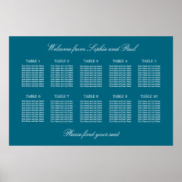 Póster Turquoise 10 Table Wedding Seating Chart Poster