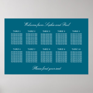Póster Turquoise 10 Table Wedding Seating Chart Poster