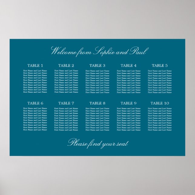 Póster Turquoise 10 Table Wedding Seating Chart Poster (Frente)