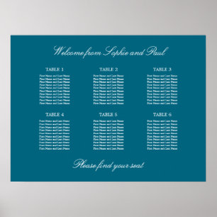 Póster Turquoise 6 Table Wedding Seating Chart Poster