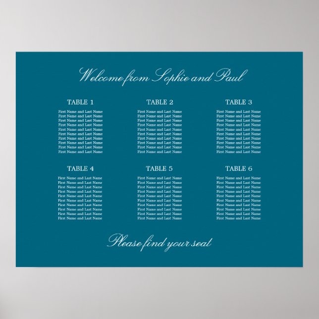 Póster Turquoise 6 Table Wedding Seating Chart Poster (Frente)