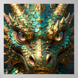 Póster Turquoise and Gold Dragon Face