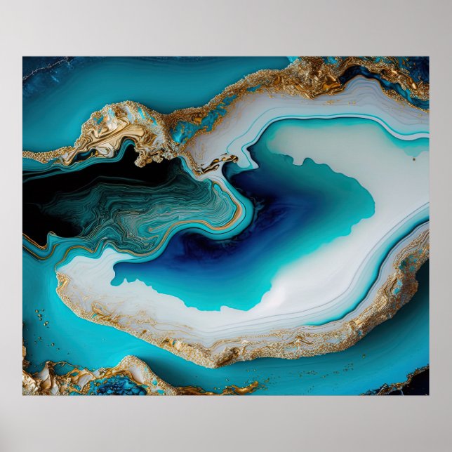 Póster Turquoise Aqua Blue Gold Gemstone Acrylon Pour Art (Frente)